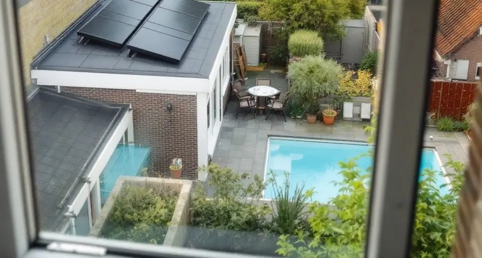 Uitzicht uit een raam op de bovenverdieping over een achtertuin met een zwembad en een plat dak van een aanbouw met zwarte zonnepanelen