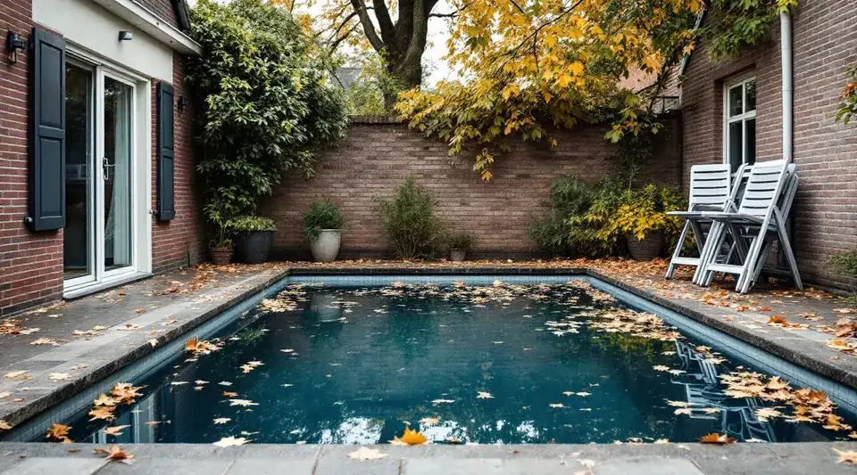 Een zwembad aan het eind van het seizoen, met bruine en gele bladeren op de rand en op het water en opgestapelde tuinstoelen tegen de muur