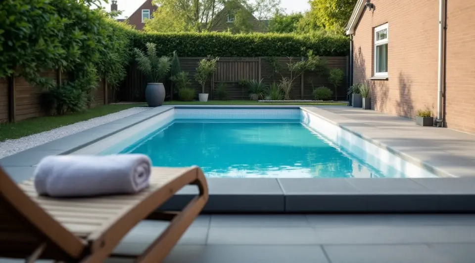 Een ingegraven zwembad met turquoise water in de achtertuin van een bakstenen rijtjeshuis, met een opgerolde handdoek op een houten ligbed in de middagzon