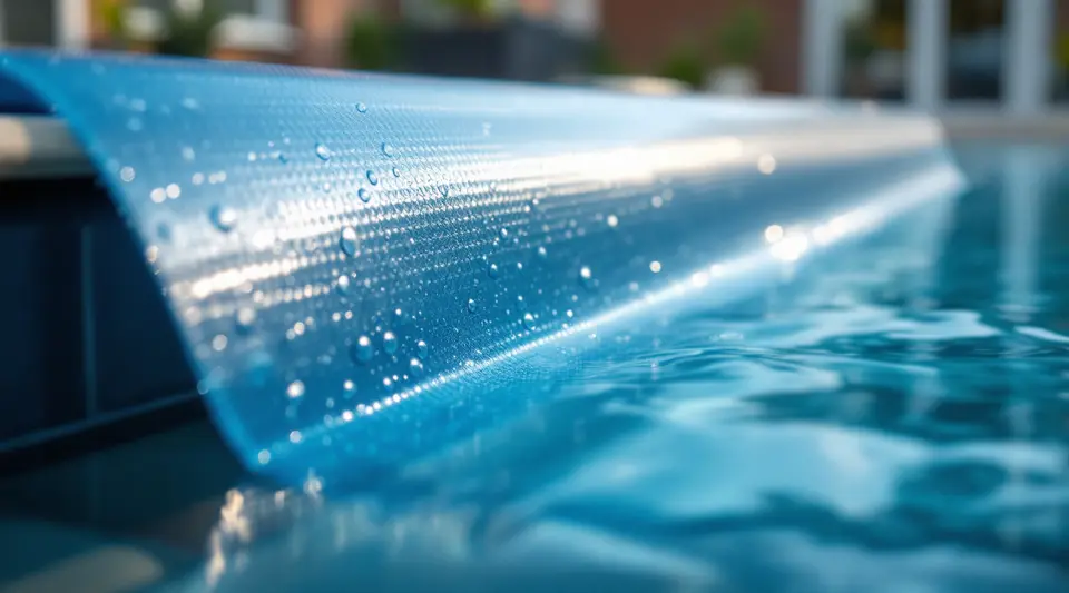 Een blauw noppenzeil drijft half opgerold op het water van een tuinzwembad, met waterdruppels op de luchtbellen