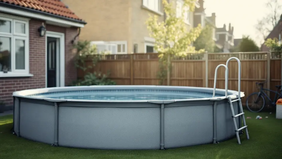 Een rond opzetzwembad met een grijze wand en een trapje in een kleine achtertuin, tegen een houten schutting naast een bakstenen huis