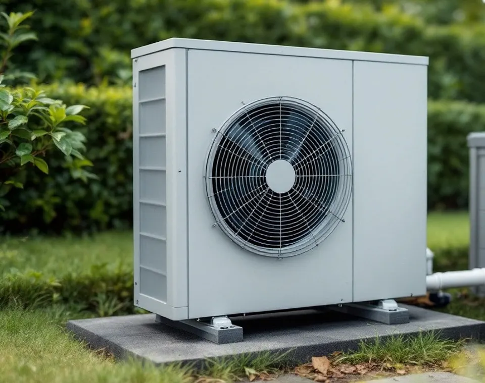 Een lichtgrijze warmtepomp met een grote ronde ventilator op een betonnen tegel in het gras, met een haag erachter