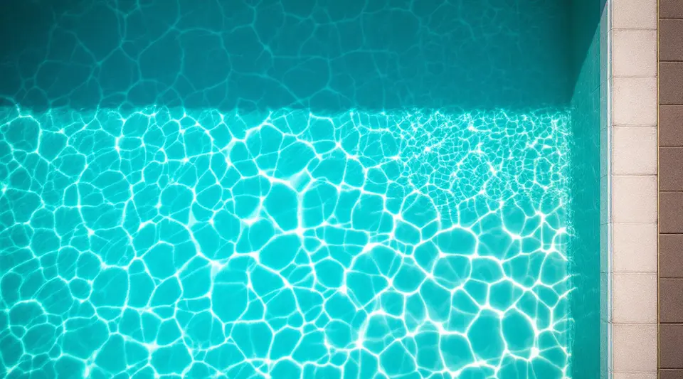 Bovenaanzicht van helder turquoise zwembadwater met lichtpatronen van de zon op de bodem en een strook stenen rand