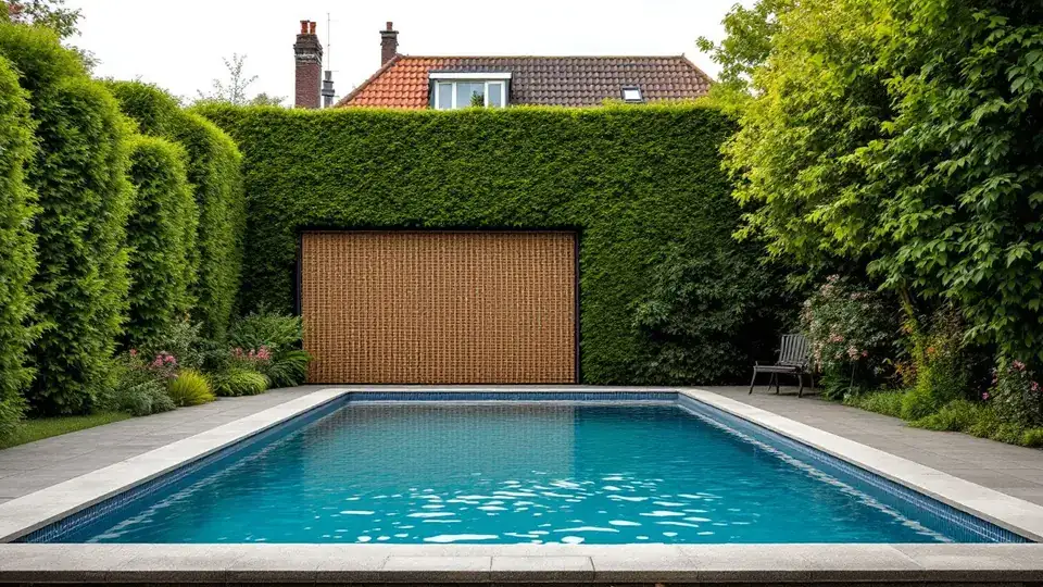 Een tuinzwembad tussen hoge hagen, met een gevlochten scherm in de achterste haag en kleine rimpels op het water vooraan
